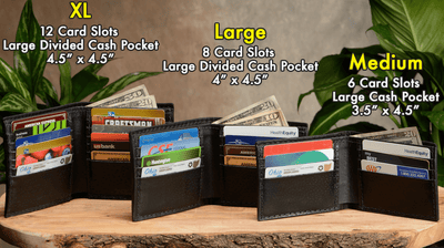 Black leather wallets with different sizes and card slots by Bullhide Belts