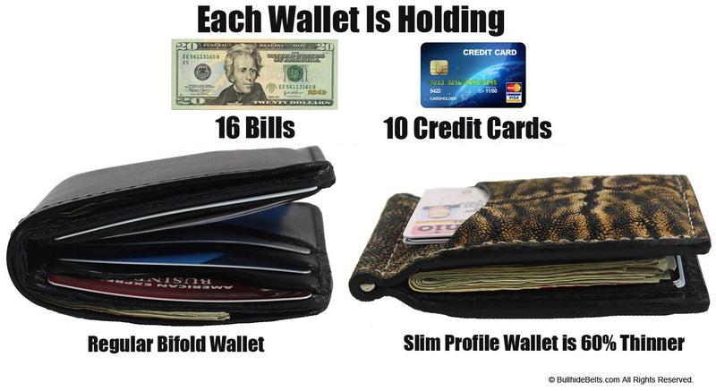 slim profile wallet and regular bifold wallet with money and cards by Bullhide Belts