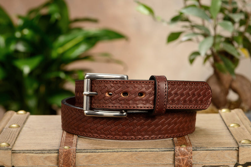 The Norris: Brown Stitched Basket Weave Max Thick With Steel Core 1.50" - Bullhide Belts