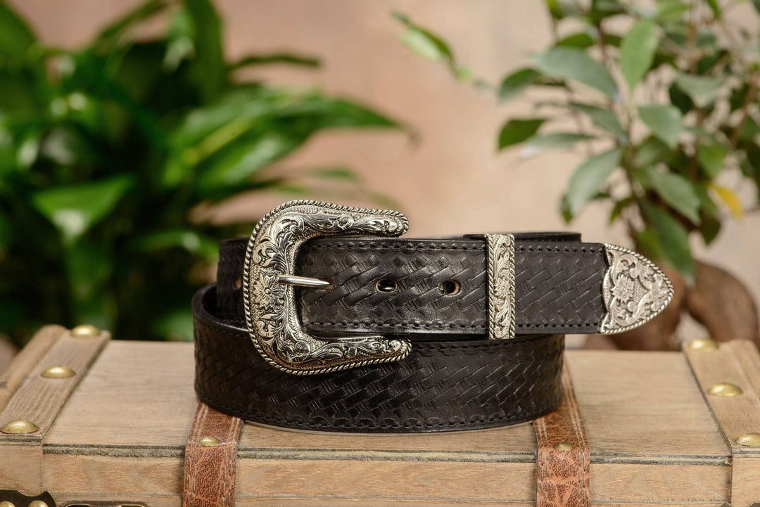 The Wayne: Men's Black Stitched Basket Weave Western Leather