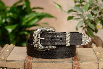 The Wayne: Men's Black Stitched Basket Weave Western Leather Belt 1.50" - Bullhide Belts