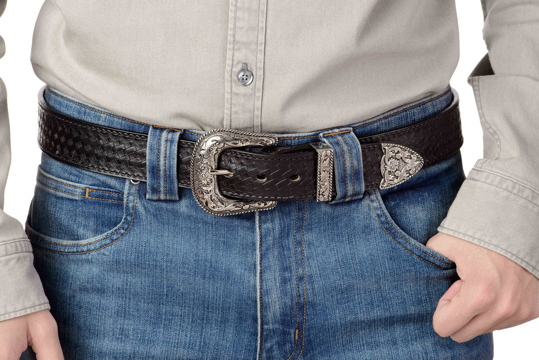 The Wayne Men s Black Stitched Basket Weave Western Leather Belt 1.50 48 BullhideBelts