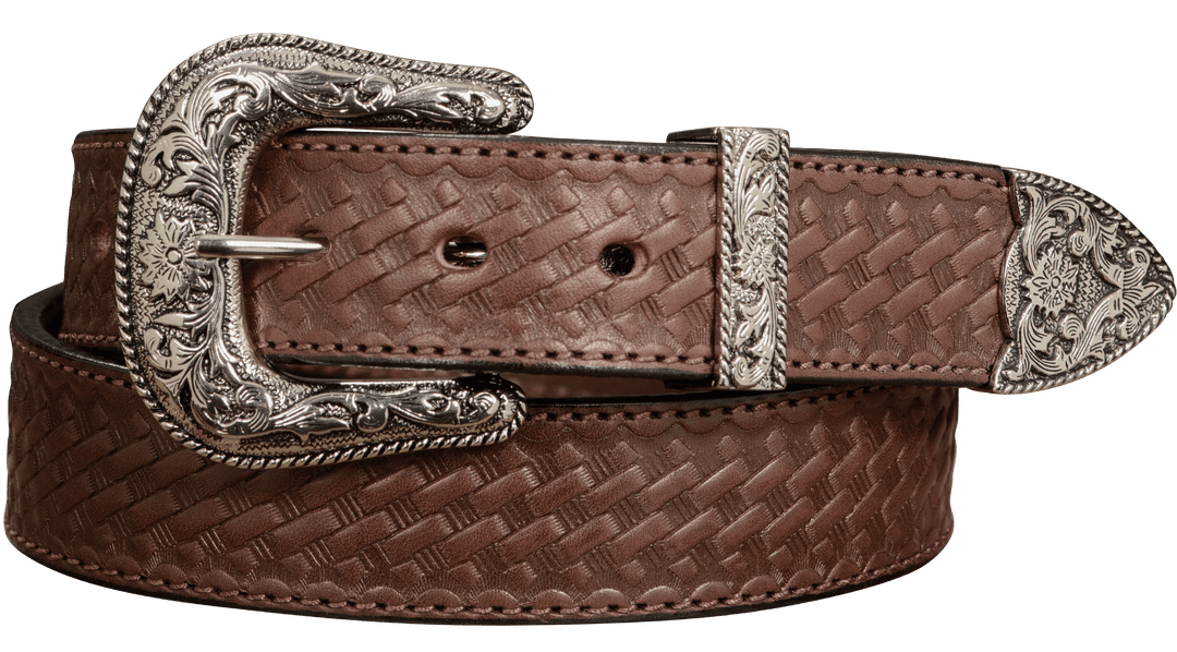 The Wayne: Dark Brown Stitched Basket Weave Western Leather Belt