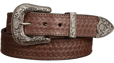 The Wayne: Men's Brown Stitched Basket Weave Western Leather Belt 1.50" - Bullhide Belts