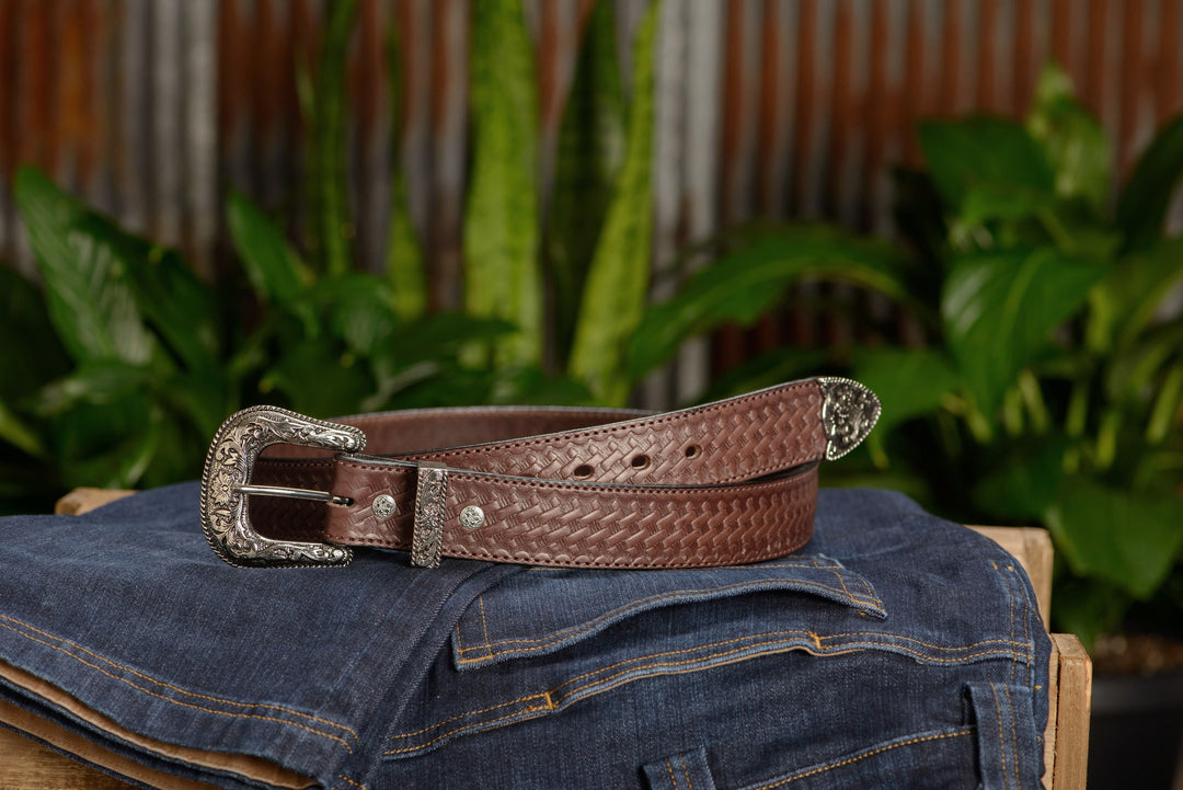 The Wayne: Men's Brown Stitched Basket Weave Western Leather