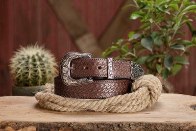 The Wayne: Men's Brown Stitched Basket Weave Western Leather Belt 1.50" - Bullhide Belts