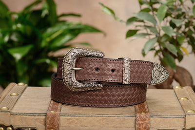 The Wayne: Men's Brown Stitched Basket Weave Western Leather Belt 1.50" - Bullhide Belts