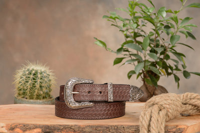 The Wayne: Men's Brown Stitched Basket Weave Western Leather Belt 1.50" - Bullhide Belts