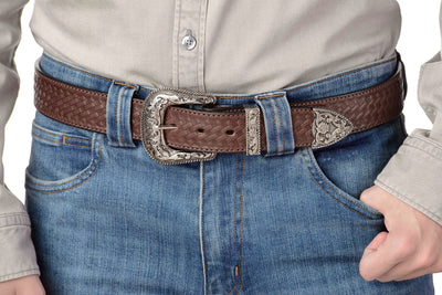 The Wayne: Men's Brown Stitched Basket Weave Western Leather Belt 1.50" - Bullhide Belts