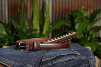The Stallion: Men's Brown Stitched Italian Leather Belt With Chrome Buckle 1.25" - Bullhide Belts