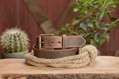 The Crazy Horse: Men's Rustic Brown Stitched Leather Belt 1.50" - Bullhide Belts
