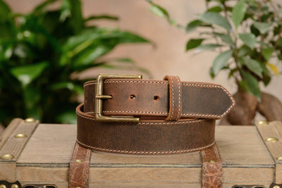 The Crazy Horse: Men's Rustic Brown Stitched Leather Belt 1.50" - Bullhide Belts