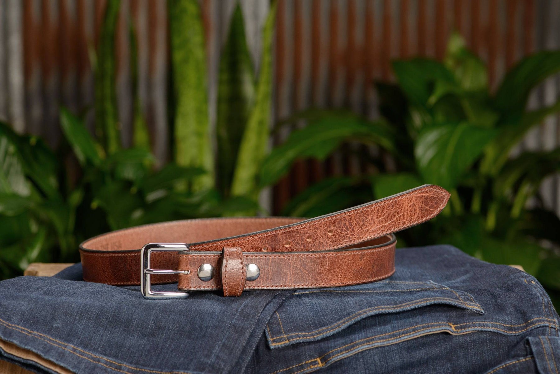 Men's Rustic Brown Stitched Water Buffalo Leather Belt - The Lakota ...