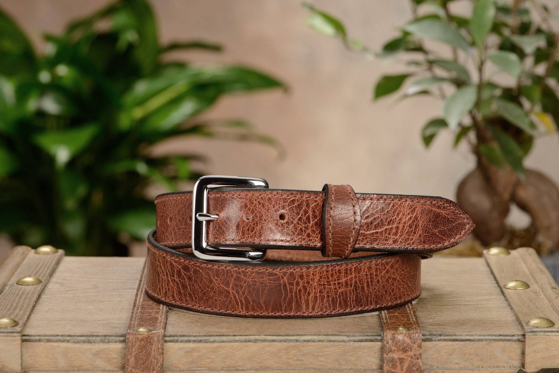 Men's Rustic Brown Stitched Water Buffalo Leather Belt - The Lakota ...