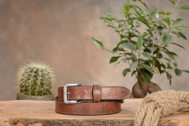 The Lakota: Rustic Brown Stitched Water Buffalo With Snaps 1.25" - Bullhide Belts