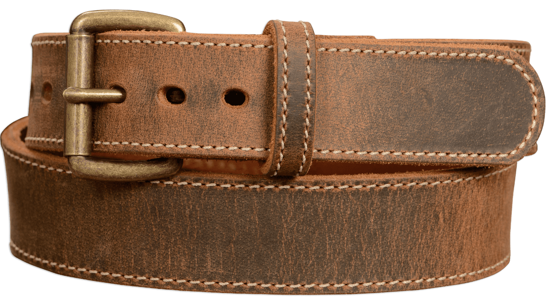 The Crazy Horse: Men's Rustic Brown Stitched Leather Belt Max Thick Wi –  BullhideBelts.com