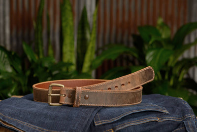 The Crazy Horse: Men's Rustic Brown Stitched Leather Belt Max Thick 1.50" - Bullhide Belts