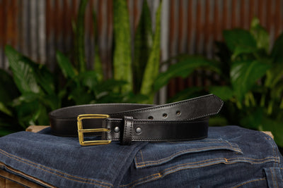 The Maverick: Men's Black Stitched Leather Belt With Brass 1.50" - Bullhide Belts