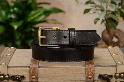 The Maverick: Men's Black Stitched Leather Belt With Brass 1.50" - Bullhide Belts