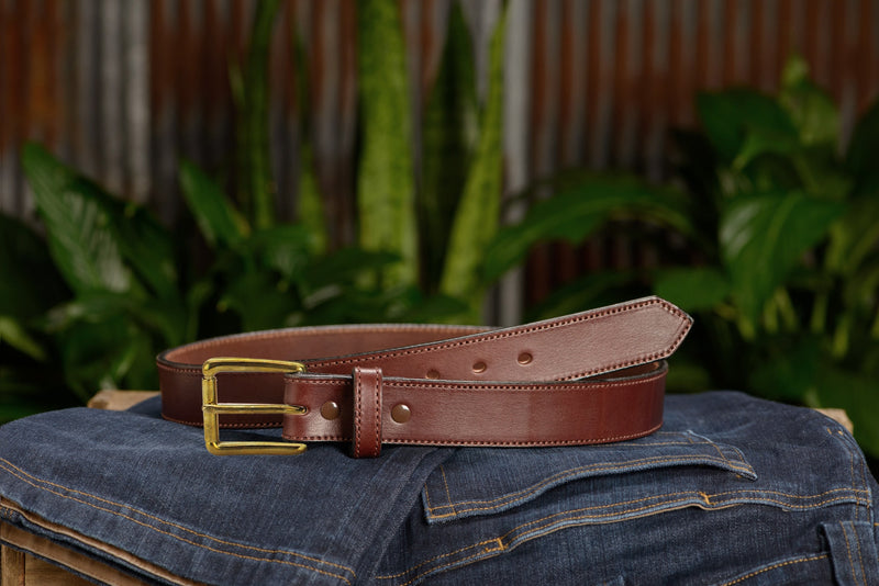 The Maverick: Brown Stitched Leather Belt With Brass 1.50" - Bullhide Belts