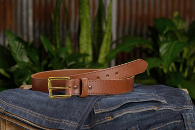 The Maverick: Caramel Tan Stitched Leather Belt With Brass 1.50" - Bullhide Belts