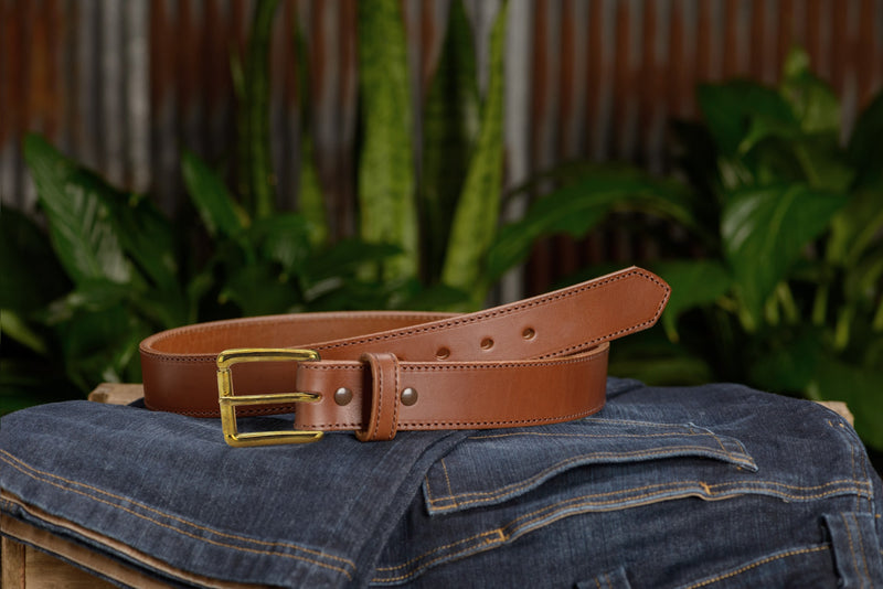 The Maverick: Caramel Tan Stitched Leather Belt With Brass 1.50" - Bullhide Belts