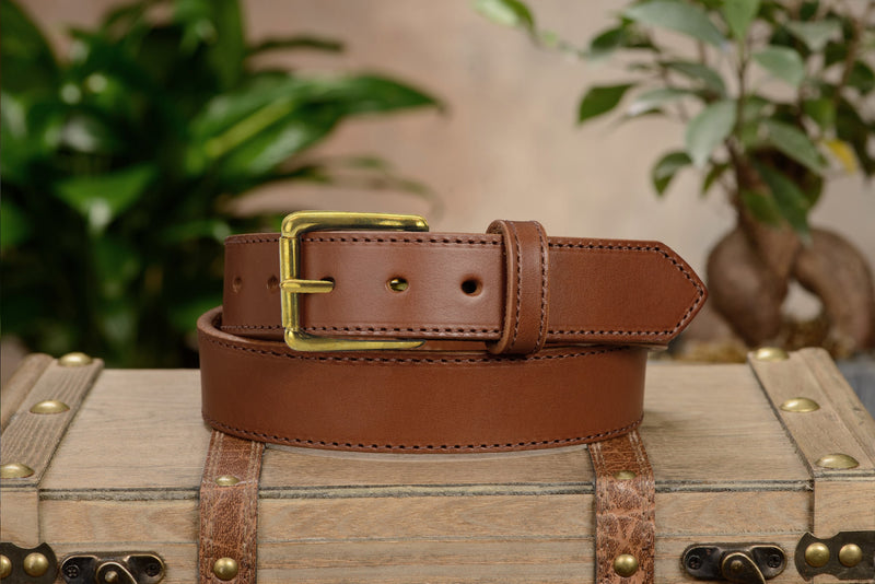 The Maverick: Caramel Tan Stitched Leather Belt With Brass 1.50" - Bullhide Belts