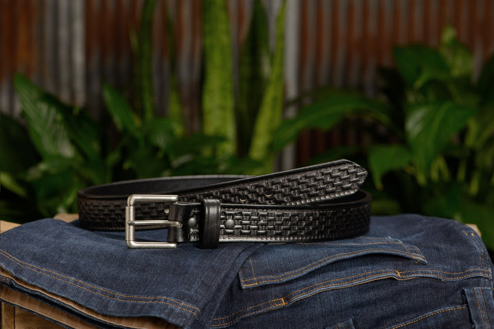 The Maverick: Men's Black Basket Weave Leather Belt 1.50