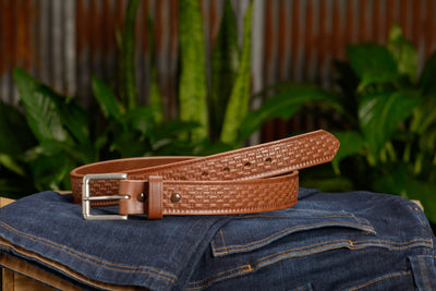 The Maverick: Men's Caramel Tan Basket Weave Leather Belt 1.50" - Bullhide Belts