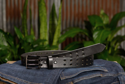 The Holey Bull: Black Non Stitched Double Prong With Gunmetal Roller 1.50" - Bullhide Belts