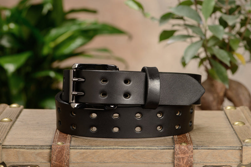 The Holey Bull: Black Non Stitched Double Prong With Gunmetal Roller 1.50" - Bullhide Belts