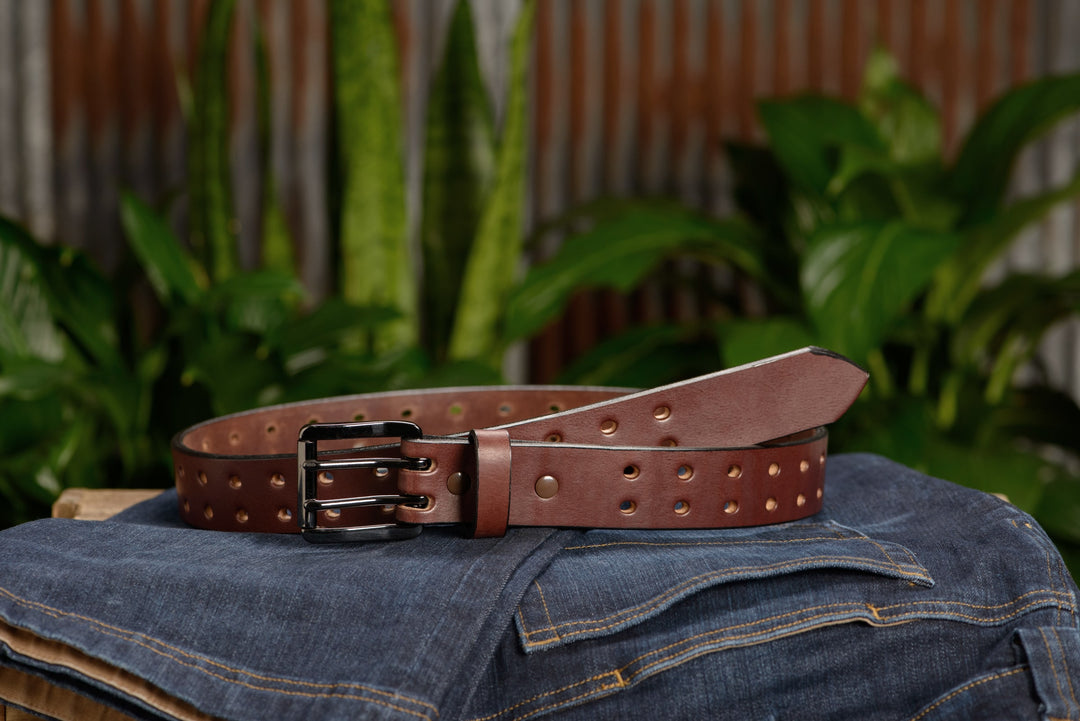 Brown Leather Belt Non-Stitched Double Prong Gunmetal Roller