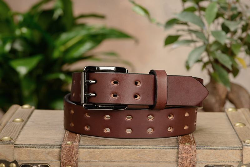 The Holey Bull: Brown Non Stitched Double Prong With Gunmetal Roller 1.50" - Bullhide Belts