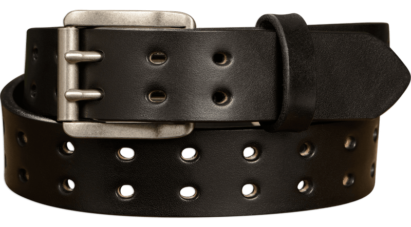 The Holey Bull: Black Non Stitched Double Prong With Nickel Roller 1.50" - Bullhide Belts