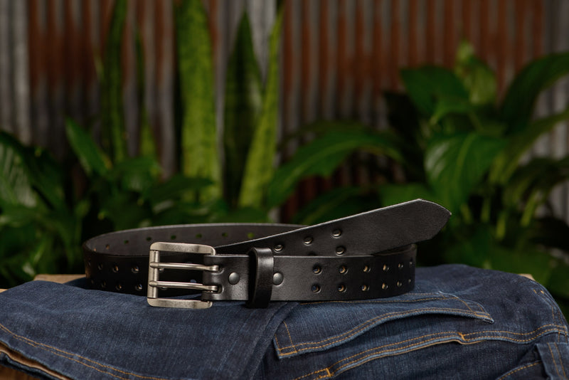 The Holey Bull: Black Non Stitched Double Prong With Nickel Roller 1.50" - Bullhide Belts