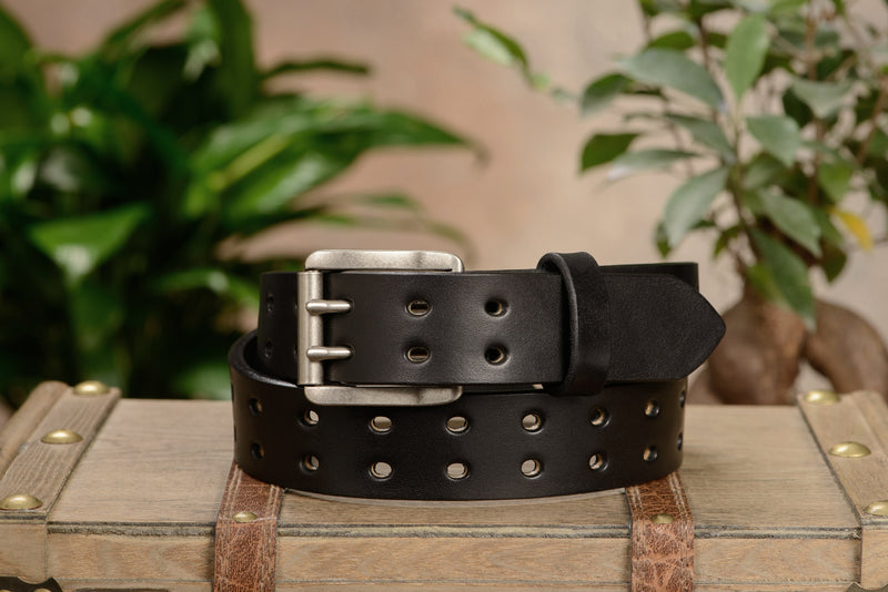 The Holey Bull: Black Non Stitched Double Prong With Nickel Roller 1.50" - Bullhide Belts