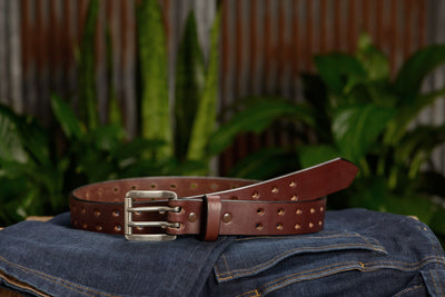 The Holey Bull: Brown Non Stitched Double Prong With Nickel Roller 1.50" - Bullhide Belts