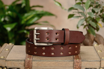 The Holey Bull: Brown Non Stitched Double Prong With Nickel Roller 1.50" - Bullhide Belts