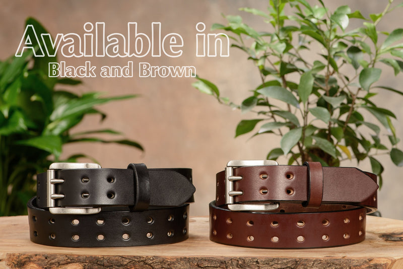 The Holey Bull: Brown Non Stitched Double Prong With Nickel Roller 1.50" - Bullhide Belts