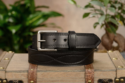 The Maverick: Men's Black Figure 8 Stitched Leather Belt With Black Thread 1.50" - Bullhide Belts