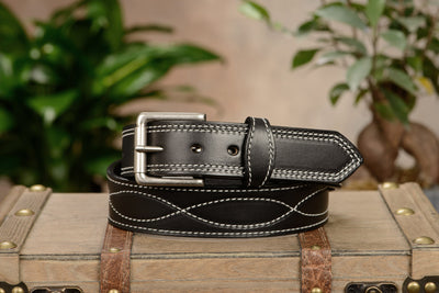 The Maverick: Men's Black Figure 8 Stitched Leather Belt With White Thread 1.50" - Bullhide Belts