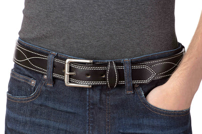 The Maverick: Men's Black Figure 8 Stitched Leather Belt With White Thread 1.50" - Bullhide Belts