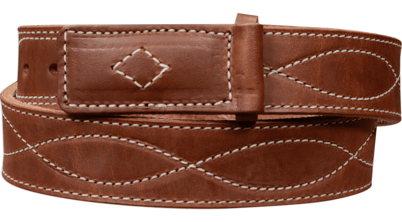 The Pit Boss: Hot Dipped Tan Figure 8 White Stitched Buckle-less Ball Hook 1.50" - Bullhide Belts