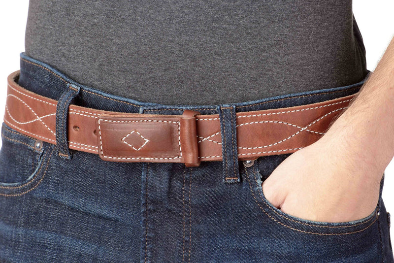 The Pit Boss: Hot Dipped Tan Figure 8 White Stitched Buckle-less Ball Hook 1.50" - Bullhide Belts