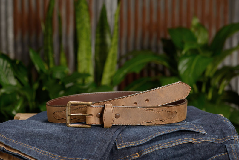 The Rockefeller: Rustic Tan Stitched Oil Tanned With Scalloped Ends 1.50" - Bullhide Belts