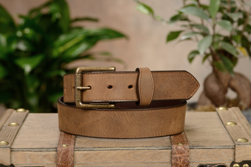 The Rockefeller: Rustic Tan Stitched Oil Tanned With Scalloped Ends 1.50" - Bullhide Belts