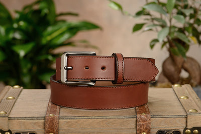 The Admiral: Men's Medium Brown Stitched Leather Belt 1.50" - Bullhide Belts