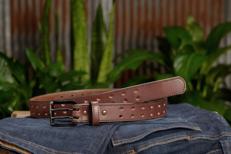 The Holey Bull: Brown Stitched Double Prong Max Thick 1.50" - Bullhide Belts