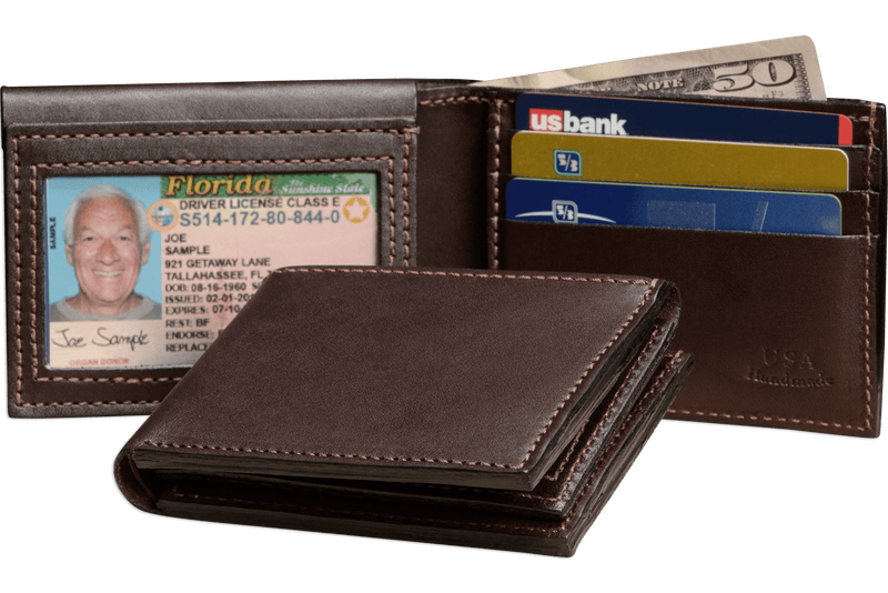 Brown Premium Leather Bifold Wallet With Flip Up ID Window - Bullhide Belts