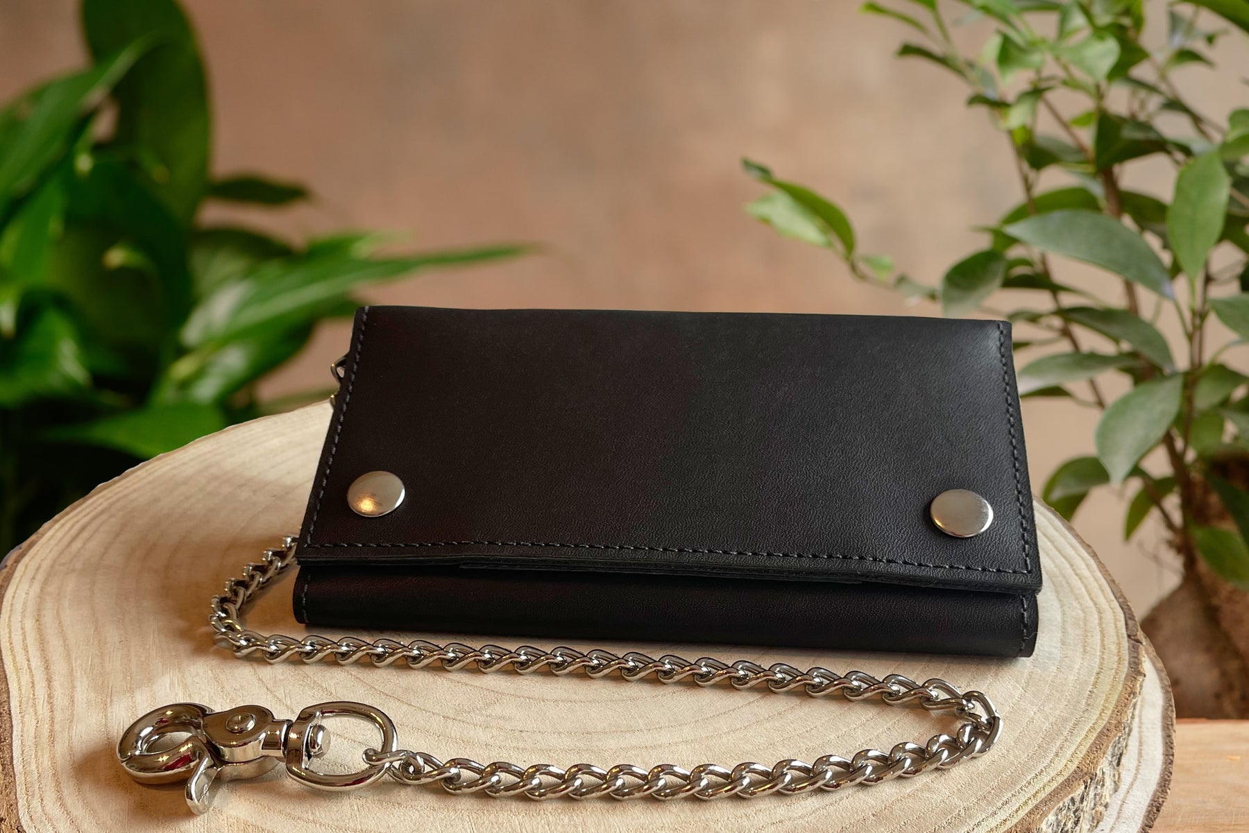 Long Biker Exotic Leather Wallet with Chain - Genuine Elephant Leather,  Black, Brown Interior, Brown Stitching